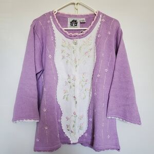 STORYBOOK KNITS SWEATER 'ROSEBUDS' HAND LOOMED PURPLE FLORAL DESIGN ( L )